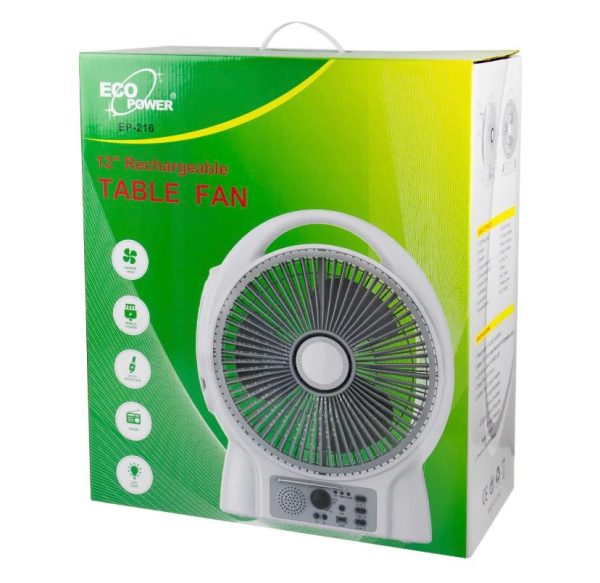 VENTILADOR RECARGABLE CON LUZ LED Y RADIO FM ECOPOWER